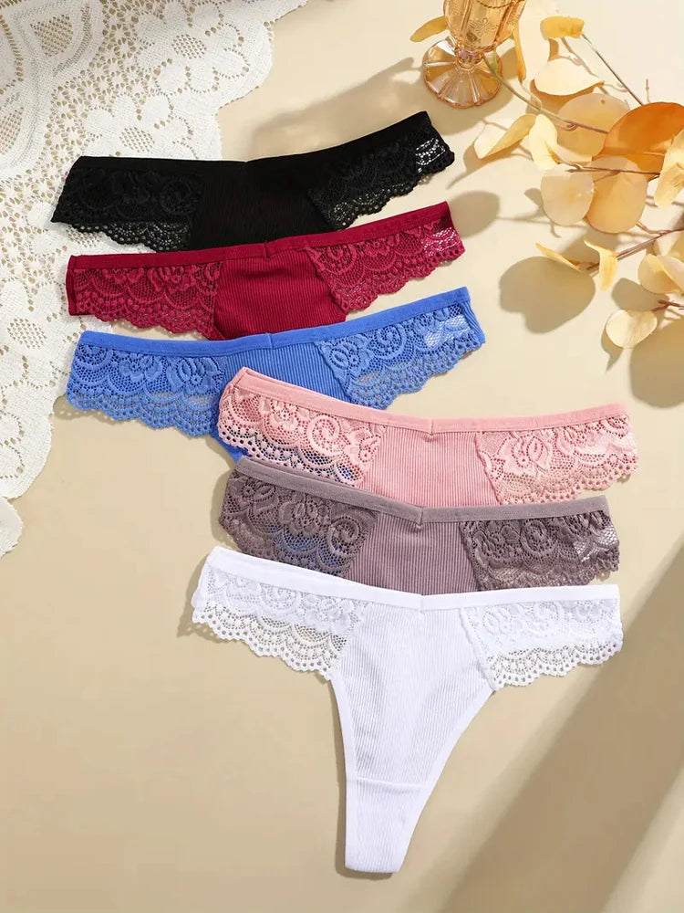 7-Pack Cotton Lace-Waist Thongs — Low-Rise Ribbed G-String Panties