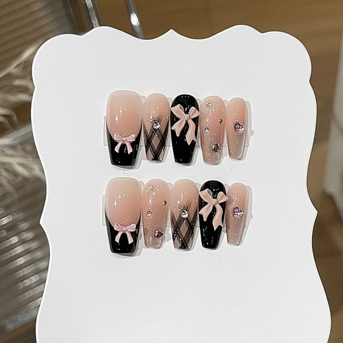 Pink Cat-Eye Press-On Nails – Medium Ballerina Bow Designs, 10 Pieces
