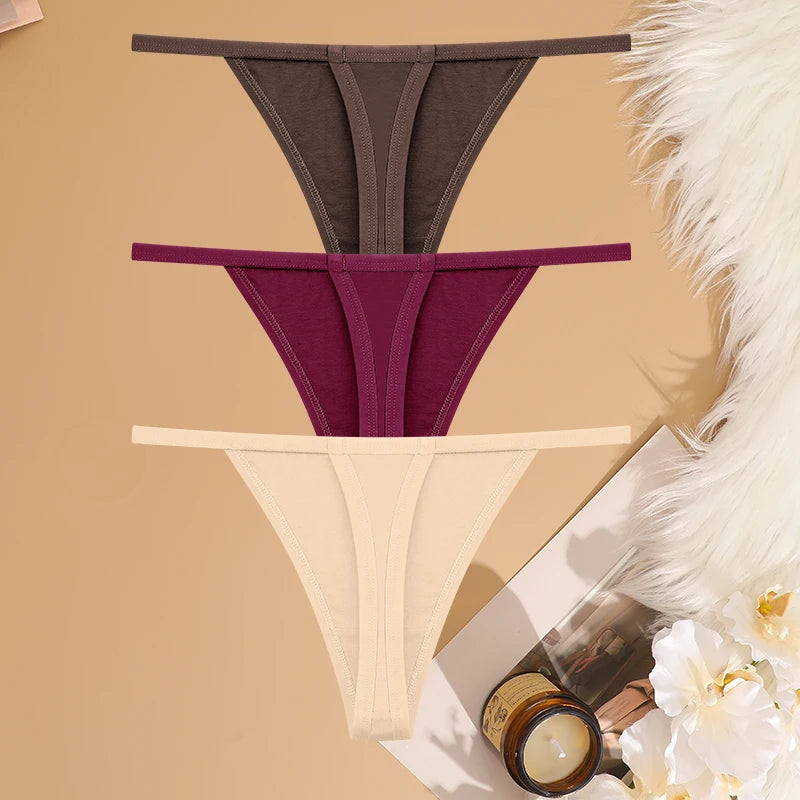 FINETOO 3PCS/Set Sexy Women Cotton G-String Underwear Low Waist Panties Girl T-back Panty Soft Thin Strap Femme Thong Lingerie