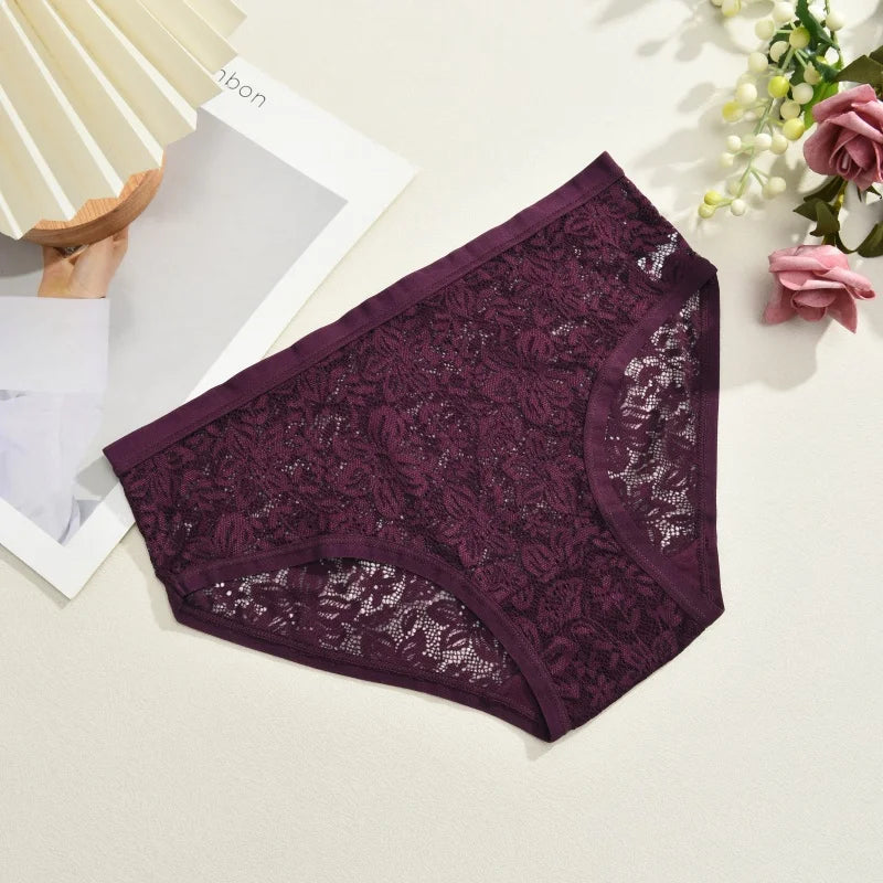Seamless Floral Lace Brief Panties – Hollow-Out See-Through Underwear for Women (S–2XL, 6 Colors)