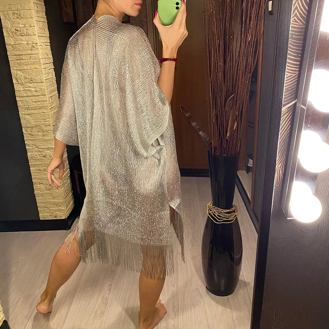 Metallic Tassel Trim Beach Cover-Up — Sheer Kimono | Women's Swimwear