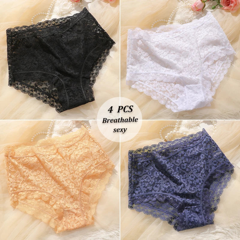 4-Pack High-Waist Lace Panties – Soft Breathable Hollow Briefs for Women (S–3XL, 9 Color Sets)