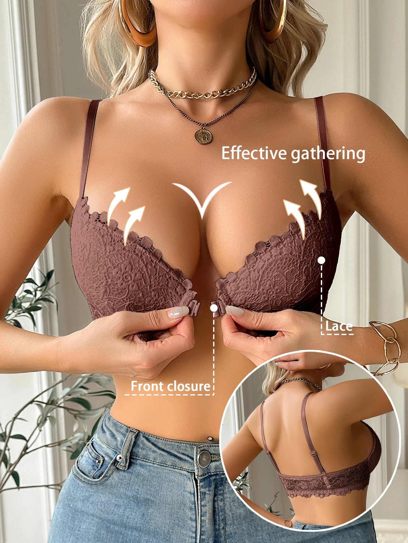 Floral Lace Front-Closure Push-Up Bra — Underwire Gathering | Women's Bra
