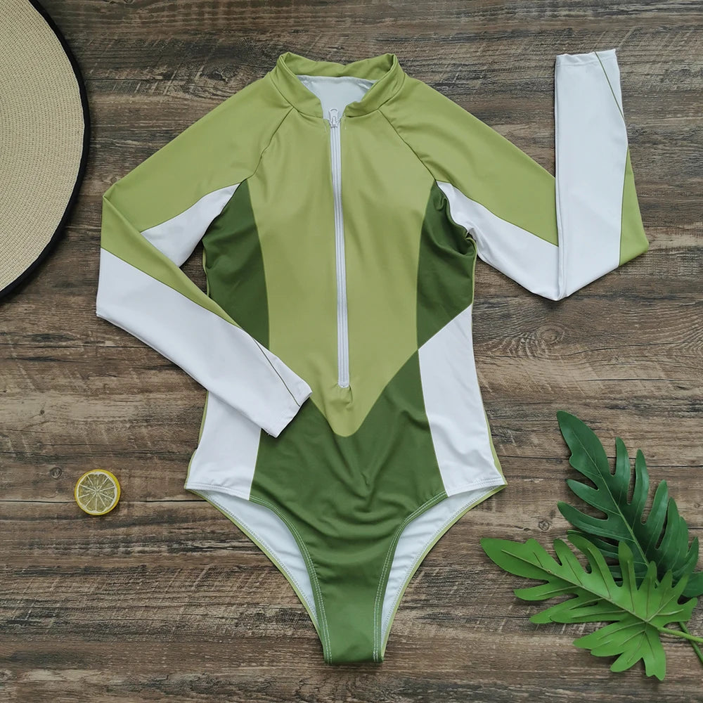 Color Block Surfing One-Piece Swimsuit — Long Sleeve Zipper | Women's Sport Swimwear