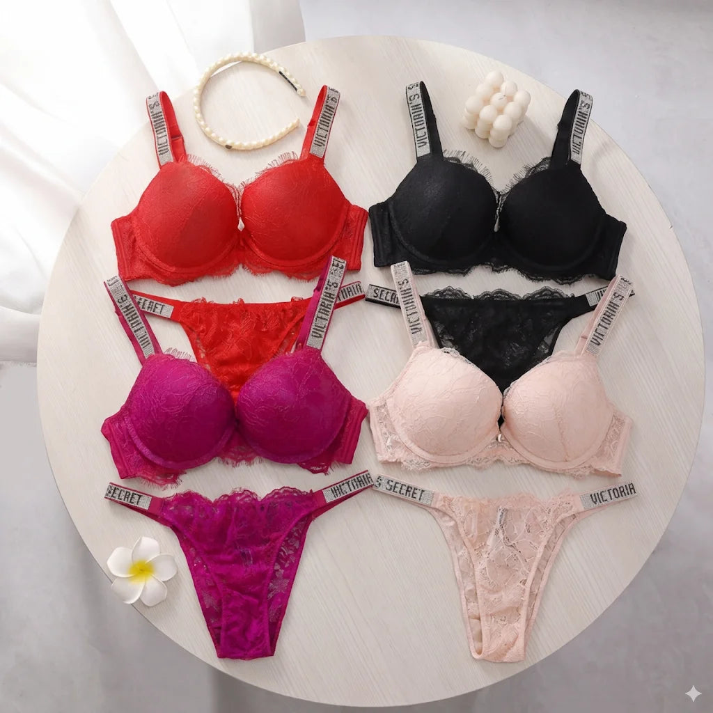 Women's Classic Lace Trim Gathered Padded Bra & Panty Set – Soft Breathable Lingerie
