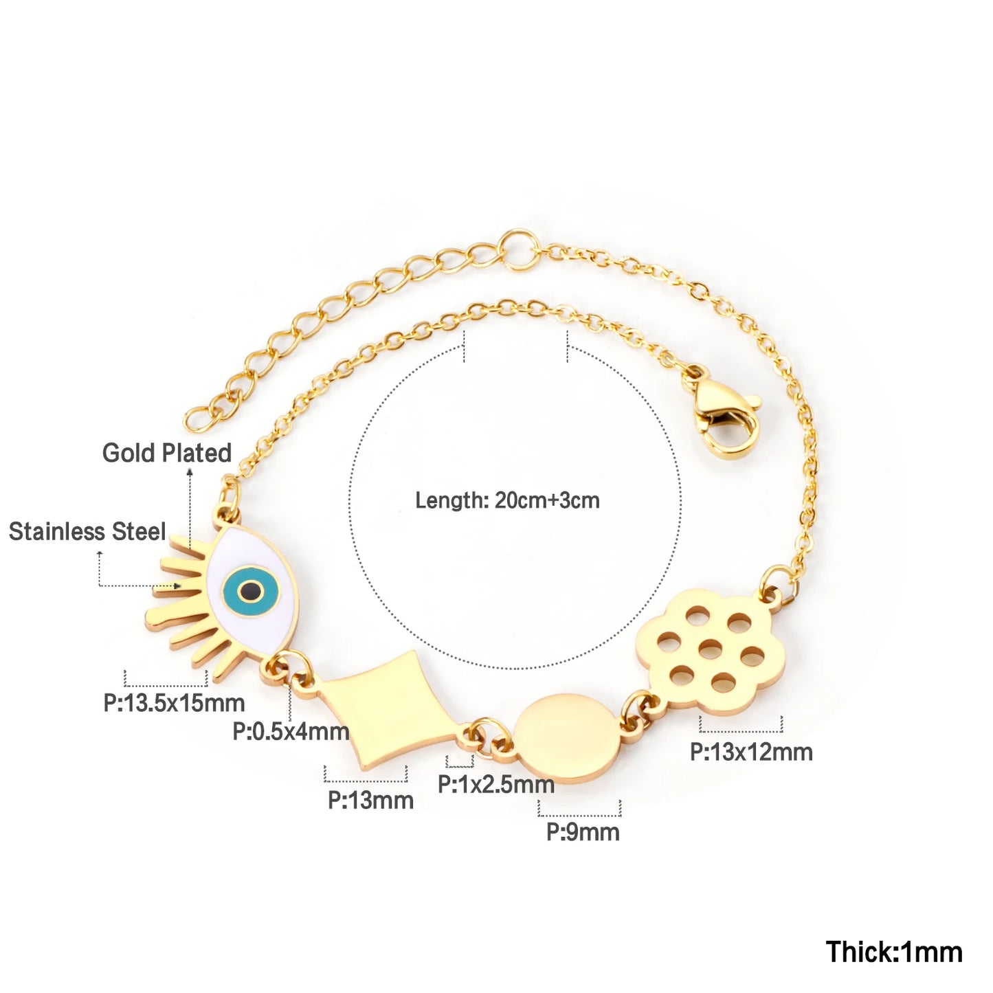 Evil Eye Bracelet – 18K Gold-Plated Stainless Steel Boho Charm Bracelet for Women