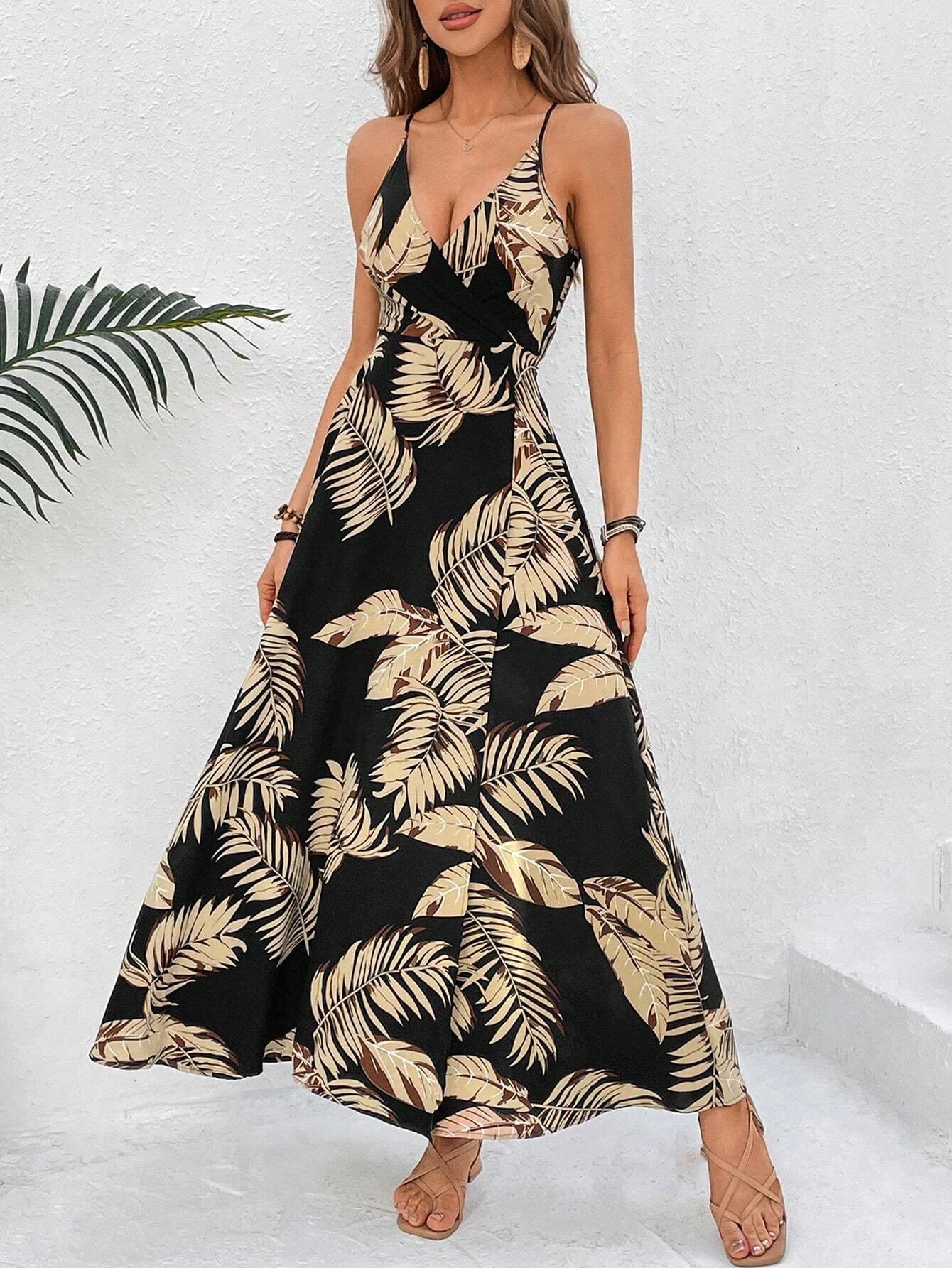 Tropical Print Thigh-High Slit Backless Spaghetti Strap Dress 1056