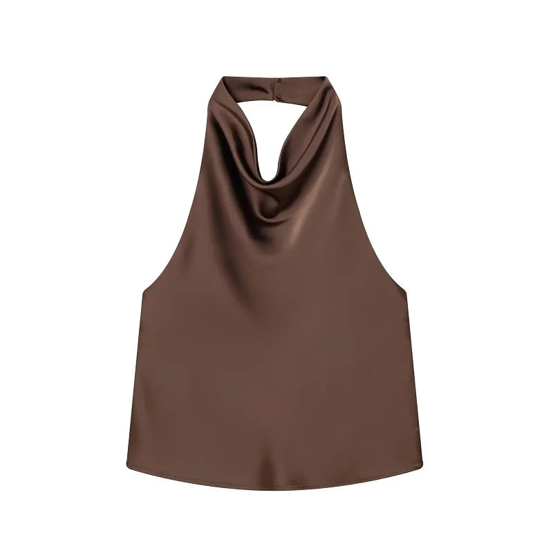 Satin Halter Cowl-Neck Backless Top — Women's Camisole