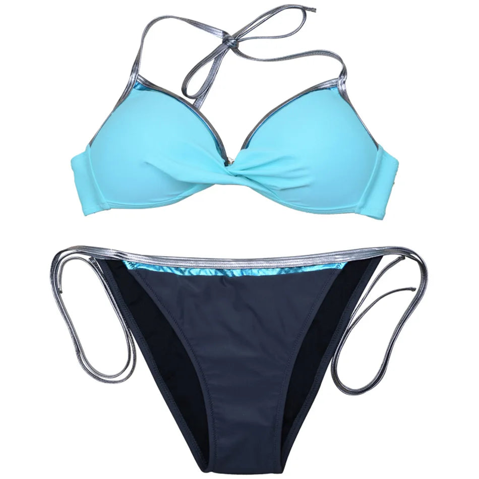 Neon Trim Twist Bikini Set — V-Neck Top & Side-Tie Low Waist Bottoms | Women's Swimwear
