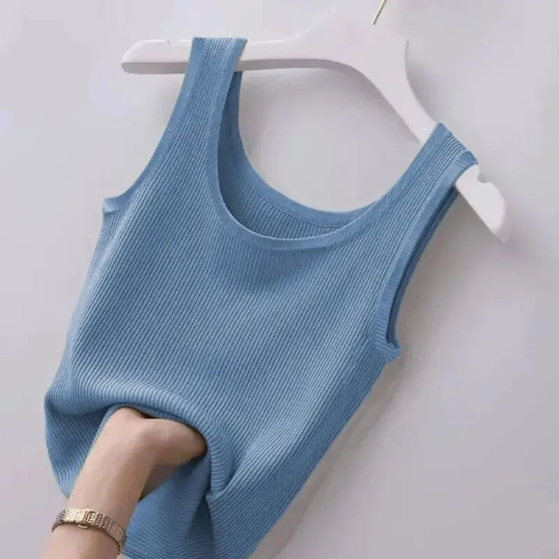 Knit Cotton Camisole Tank Top – Round Neck Sleeveless Crop Top for Women (M–5XL, 6 Colors)
