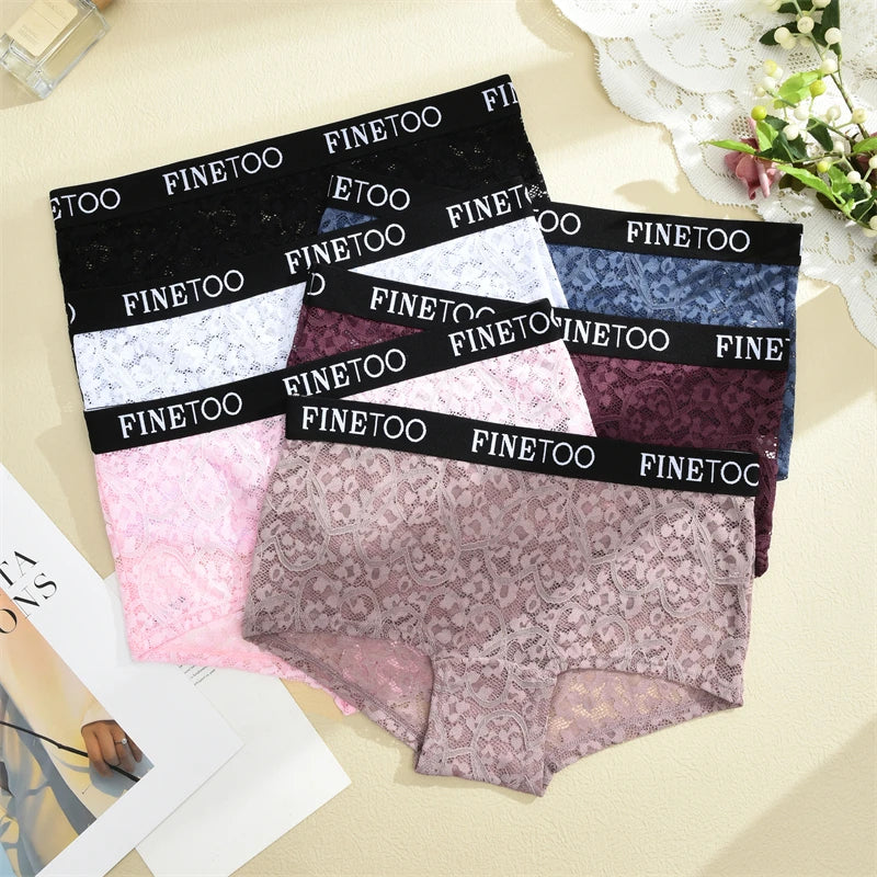 FINETOO 3Pcs Lace Hollow Out Boyshorts Underwear Women's Elastic Belt Panties Sexy Transparent Floral Briefs Breathable Lingerie