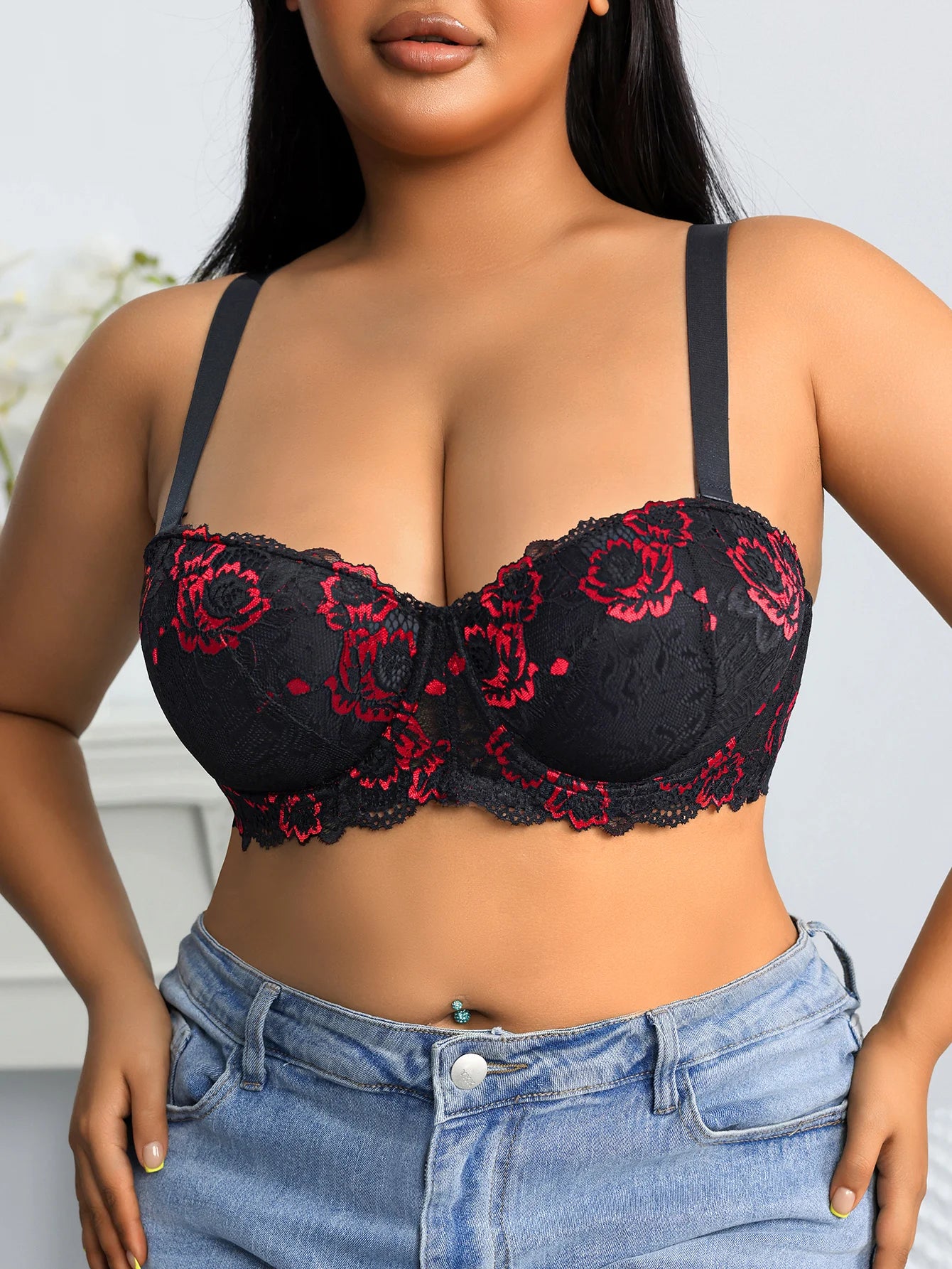 Plus Size Floral Embroidery Push-Up Bra — Wide Strap Underwire | Women's Bra