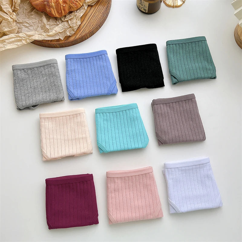 FINETOO 3PCS/SET Cotton Ribbed Striped Underwear for Women Plus Size 10 Soild Colours Stretch Briefs Ladies Soft Lingerie S-7XL