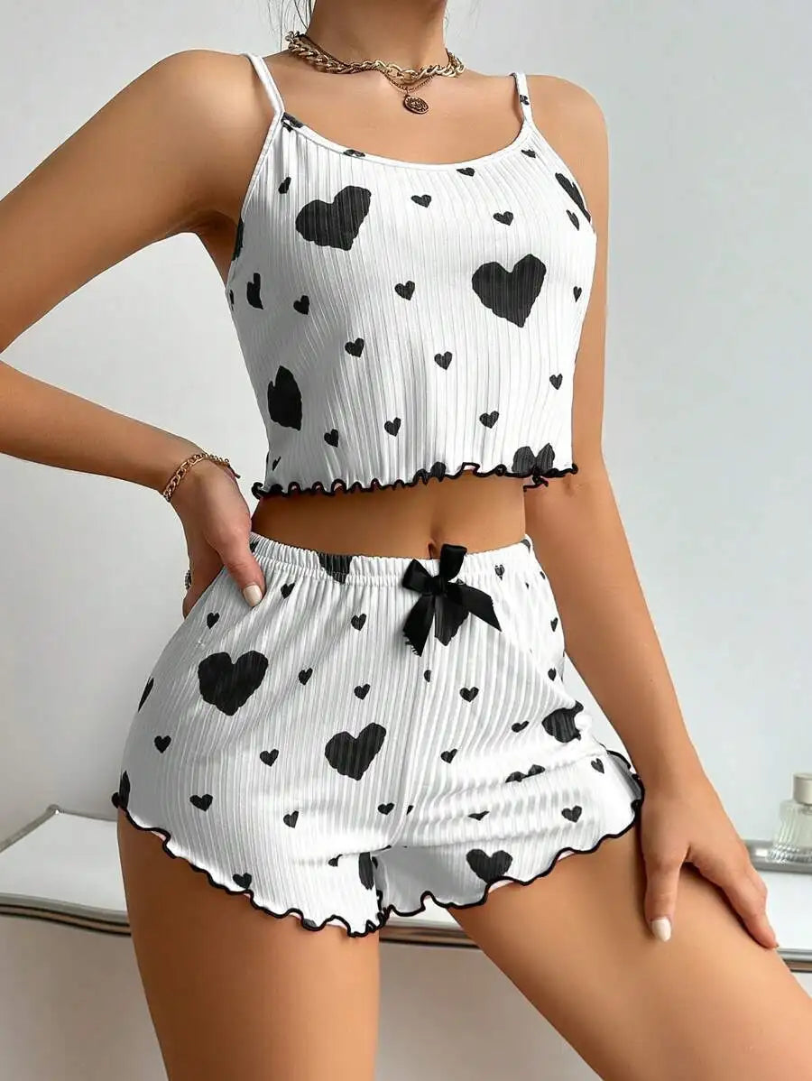 Spaghetti Strap Tank Top & Shorts Pajama Set – Geometric Print, Knit | Women's Summer Sleepwear (1pc or 2pcs)