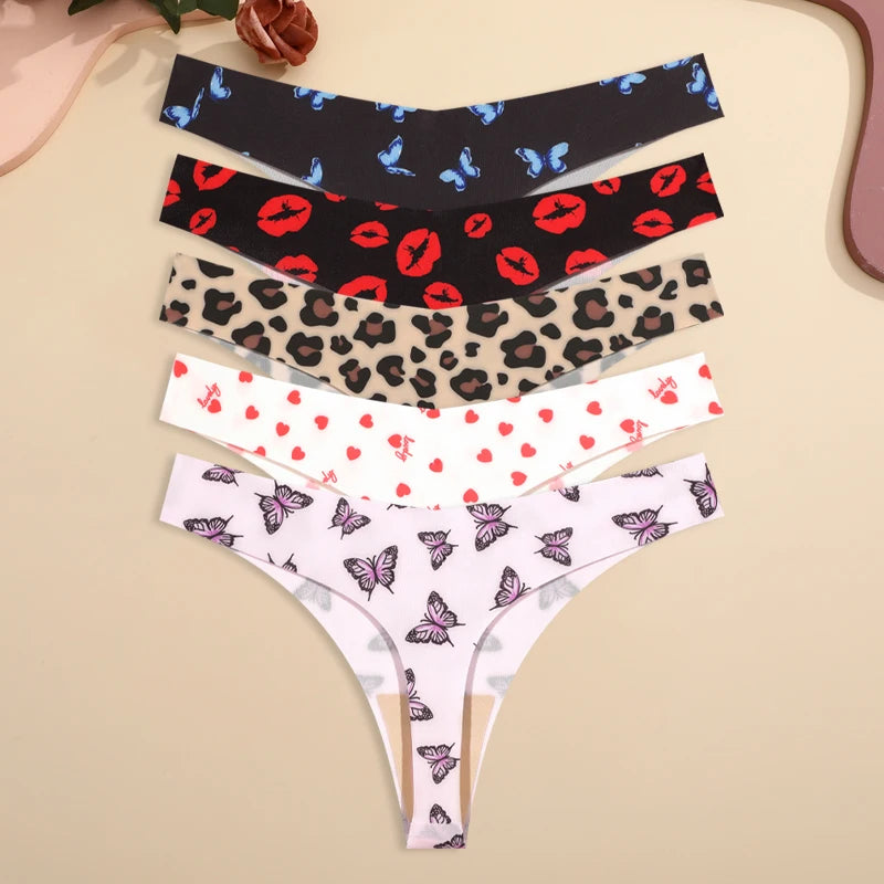 5-Pack Ice Silk Printed Thongs — Seamless Low-Rise G-String Panties