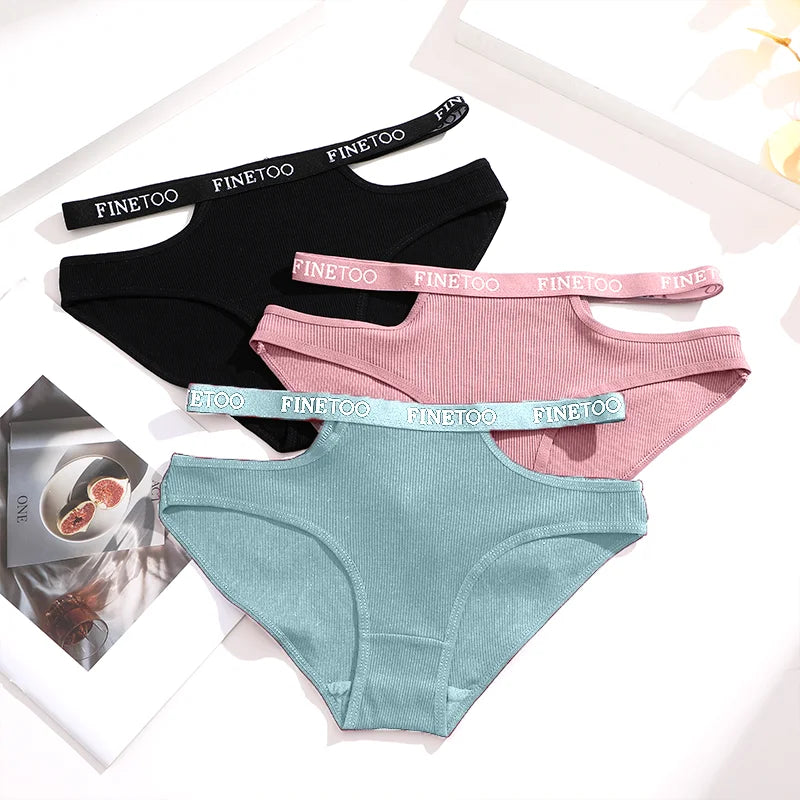 3-Pack Double Letter Belt Hollow-Out Brief Panties – Fashion Cotton Underwear for Women (S–XL, 8 Color Sets)