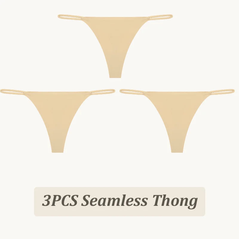 3-Pack Seamless Ice Silk Thong Panties – Low-Rise Flexible Underwear for Women (XS–XL, 25 Color Sets)
