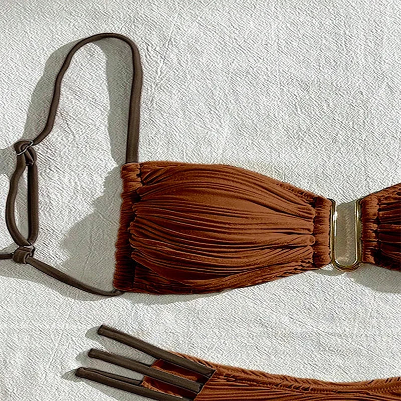 Ruched Bandeau Bikini Set — Brazilian Cut with Metal Detail | Women's Swimwear