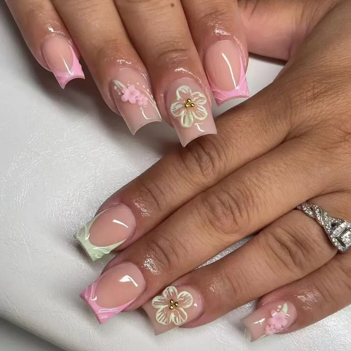Medium Square Press-On Nails with Adhesive - Blush Pink Floral & French, 24 Pieces