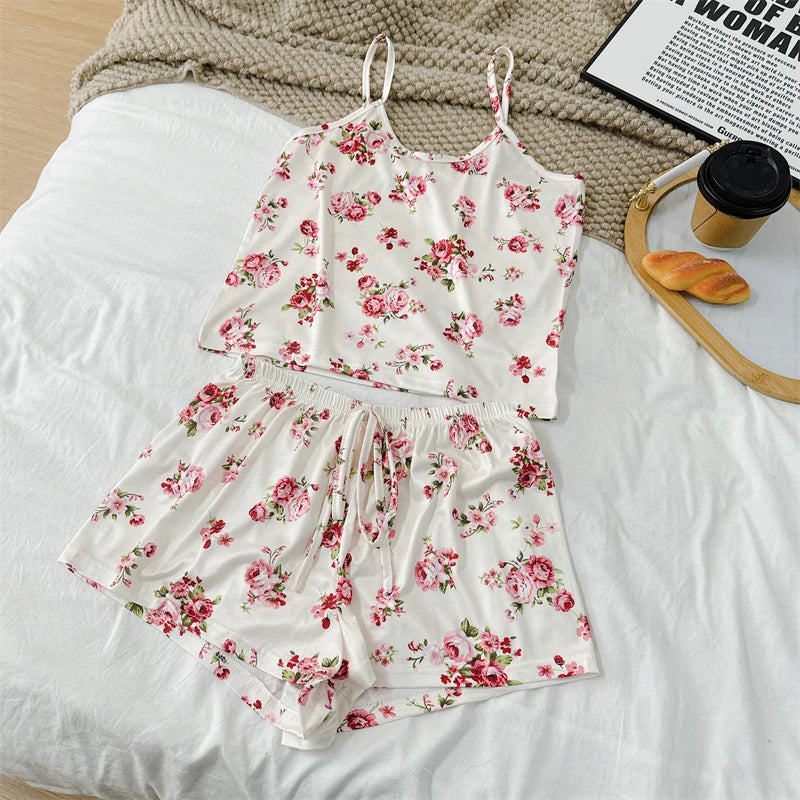 Cherry Print Ice Silk Pajama Set — Sleeveless Cami Top & Shorts