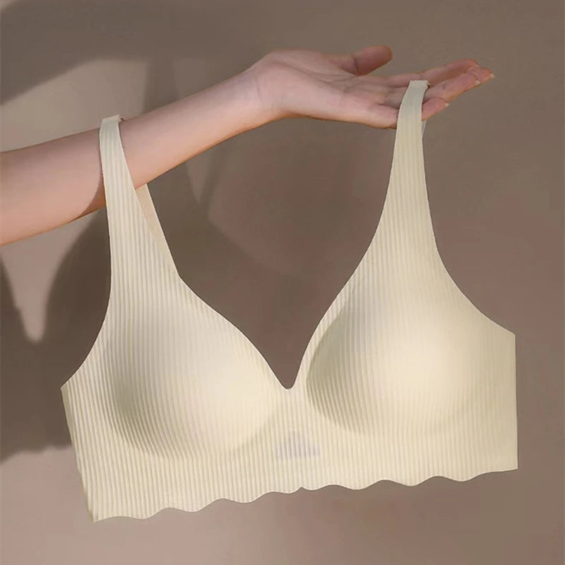 Women's Seamless Striped Push-Up Bra – Wire-Free Hollow Design | 3/4 Cup Gathered Bra