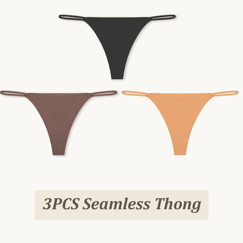 3-Pack Seamless Ice Silk Thong Panties – Low-Rise Flexible Underwear for Women (XS–XL, 25 Color Sets)