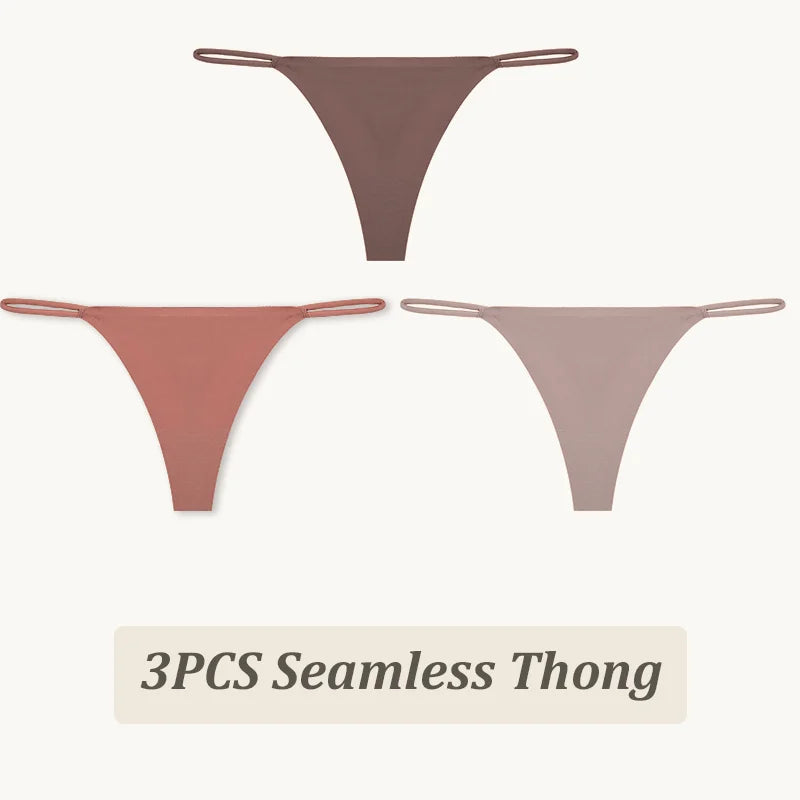 3-Pack Seamless Ice Silk Thong Panties – Low-Rise Flexible Underwear for Women (XS–XL, 25 Color Sets)