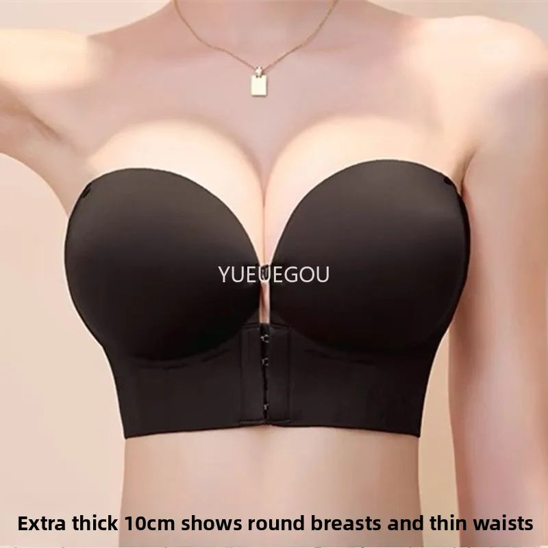 Women's 10CM Extreme Push Up Strapless Bra | Front Closure Anti-Slip Lift for AA-B Cup | No Side Bulge Seamless Invisible Bra for Small Chest (32–38 / 70–85)