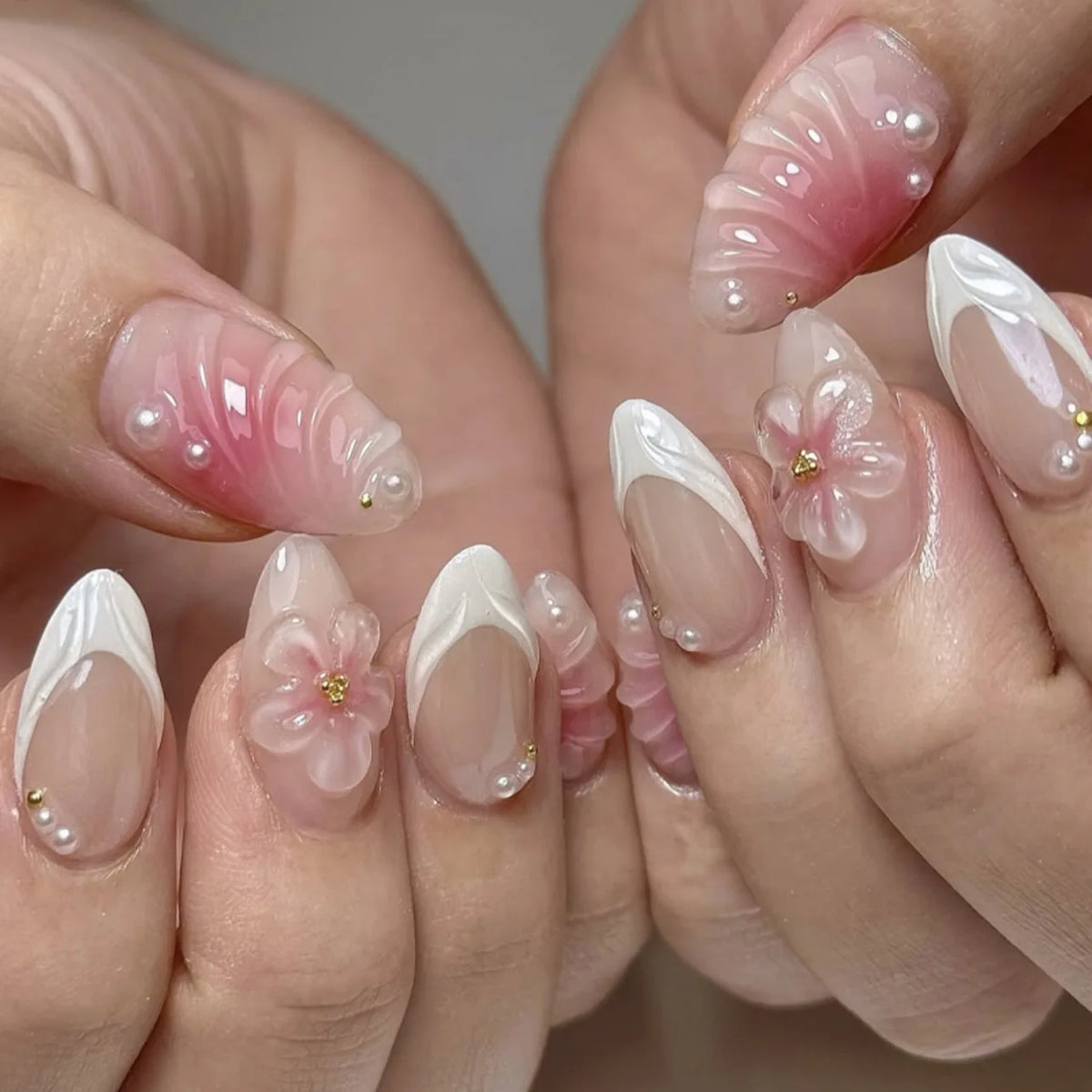 Almond Press-On Nails - 3D Floral, Butterfly & French Tip, 24 Pieces