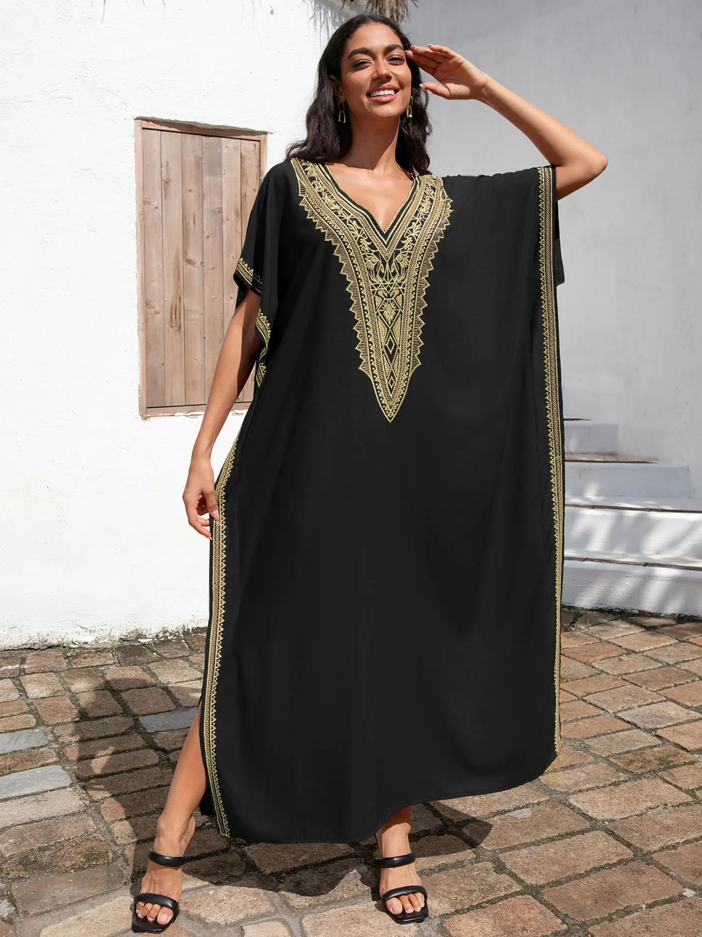 Embroidery Beach Cover-Up Kaftan — Loose V-Neck Long Robe | Women's Swimsuit Cover-Up