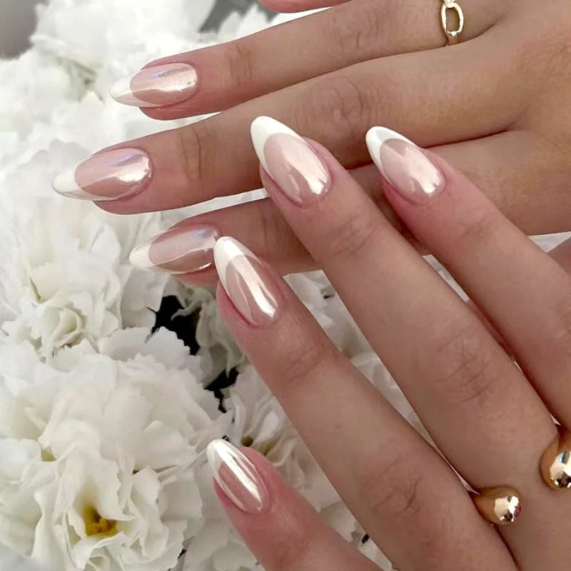 Almond Press-On Nails - French Tip & Gradient Designs, 24-Piece Set