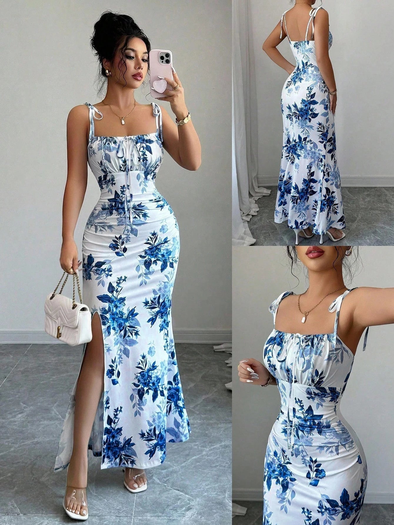 Drawstring Printed Bodycon Split Cami Dress Sexy Slim-fit Essential for Daily & Dates