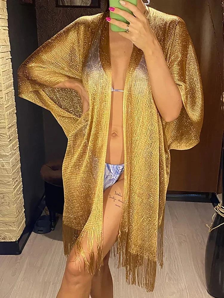 Metallic Tassel Trim Beach Cover-Up — Sheer Kimono | Women's Swimwear