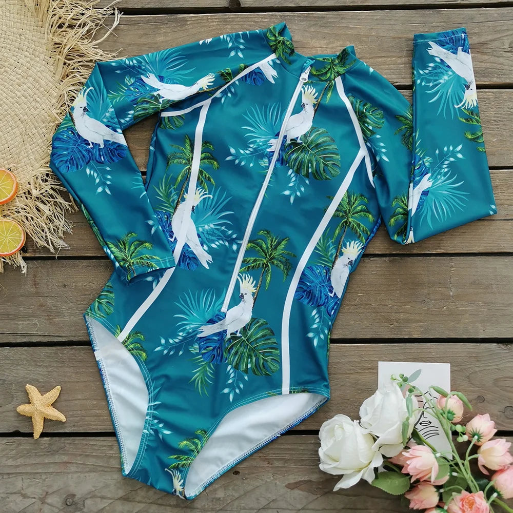 Color Block Surfing One-Piece Swimsuit — Long Sleeve Zipper | Women's Sport Swimwear