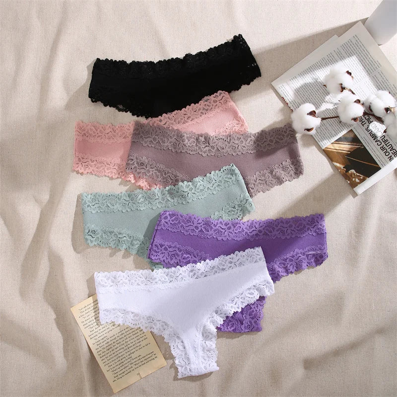 Lace Splicing Brazilian Bikini Panties – Cotton Crotch Low-Rise Underwear for Women (S–XL, 6 Colors)