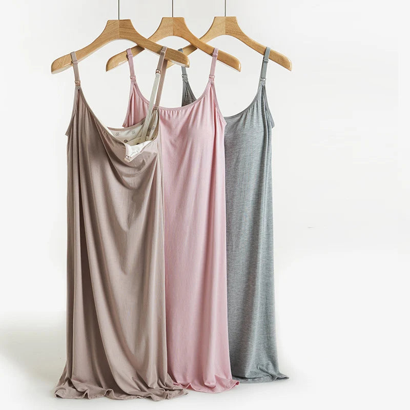 Women's Maternity Nursing Tank Dress with Built-in Bra Breastfeeding Long Sleeveless Nightdress for Pregnant Nursing Mothers