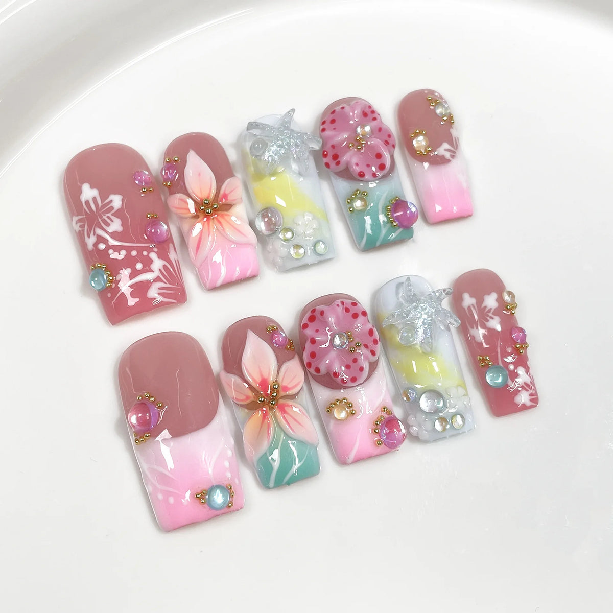 10Pcs 3D Green Flower Handmade Press on Nails French Fake Nails Wearable Stick-on Nails False Nail Uñas Накладные Ногти 네일팁