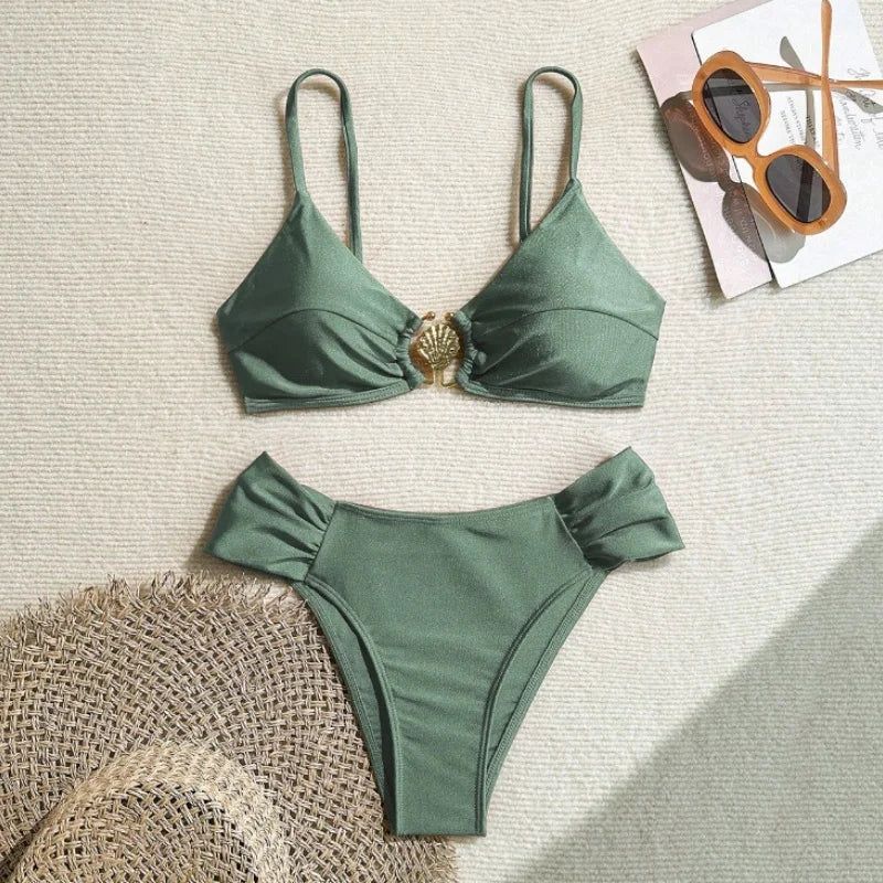 Pleated High-Waist Bikini Set — Metal Shell Buckle Push-Up | Women's Swimwear