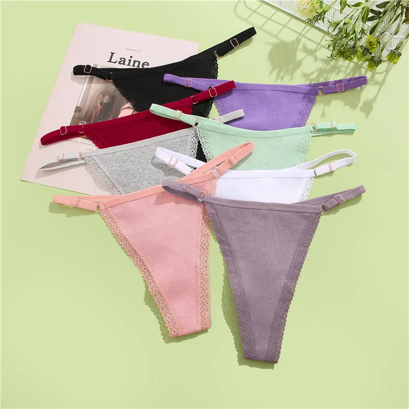 Women's Cotton Lace G-String Thongs – 4-Piece Set | Low Rise Adjustable Waistband Hipster Underwear (S–XL)
