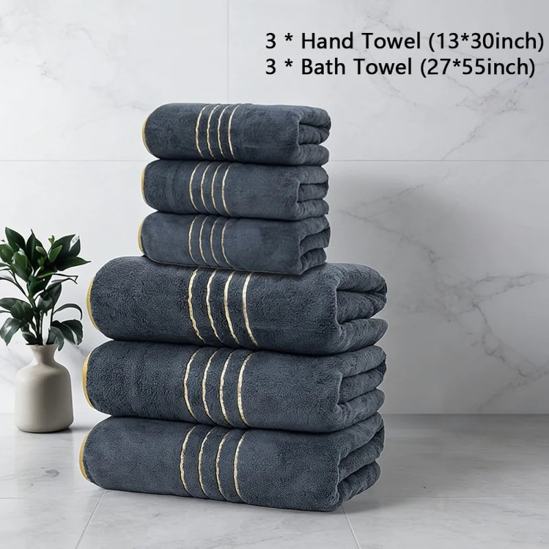 Golden Striped Coral Fleece Bath Towel Set – Ultra-Soft, Quick-Dry, Machine Washable (2, 3, 6 or 8 Pcs)