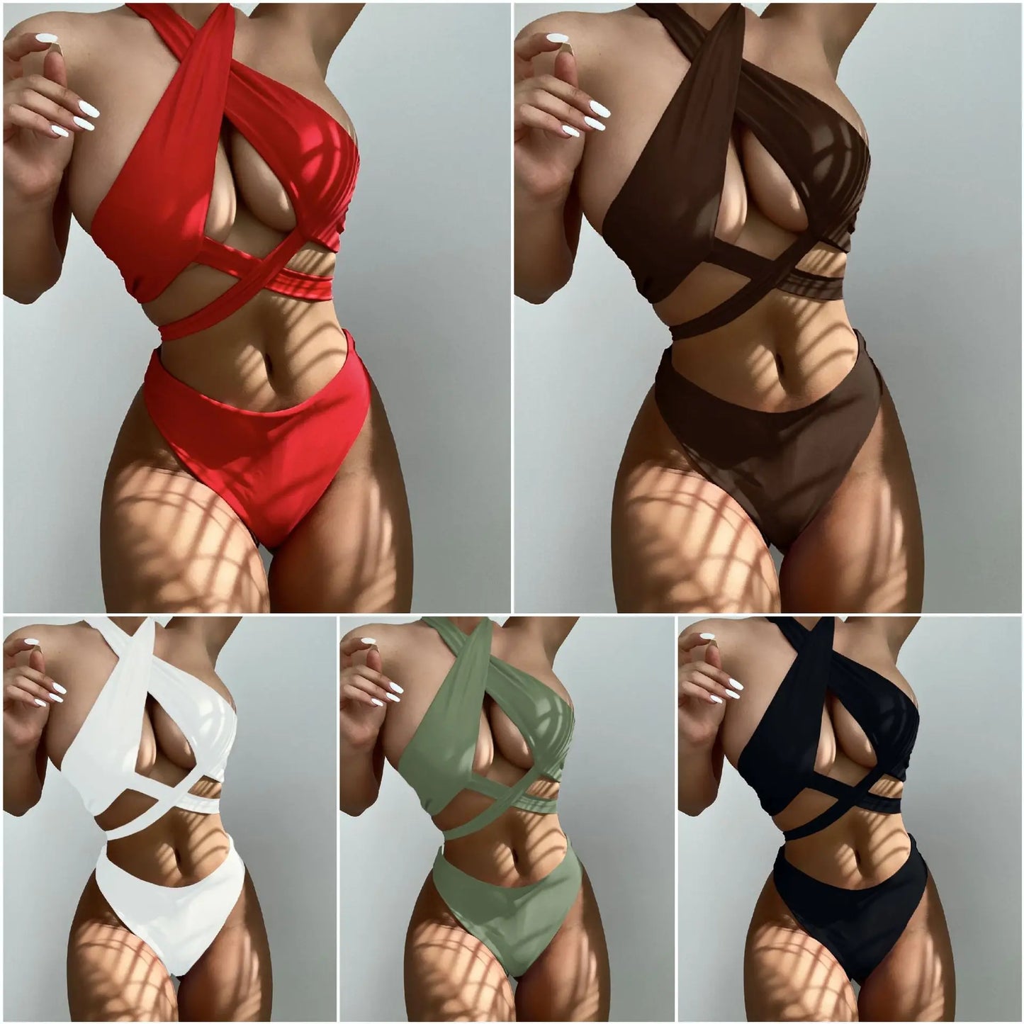 Cross Halter Hollow-Out Bikini Set — High Neck Wrap Top & High Waist Bottoms | Women's Swimwear