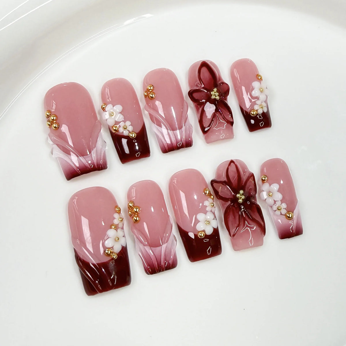 10Pcs 3D Green Flower Handmade Press on Nails French Fake Nails Wearable Stick-on Nails False Nail Uñas Накладные Ногти 네일팁
