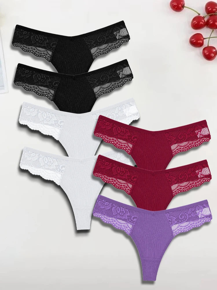7-Pack Cotton Lace-Waist Thongs — Low-Rise Ribbed G-String Panties