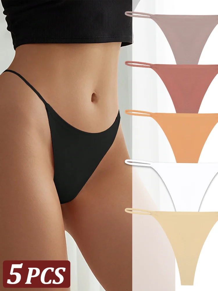 5-Pack Seamless Thong Underwear – Low-Rise Ice Silk G-String Panties for Women (XS–XL, 24 Color Sets)