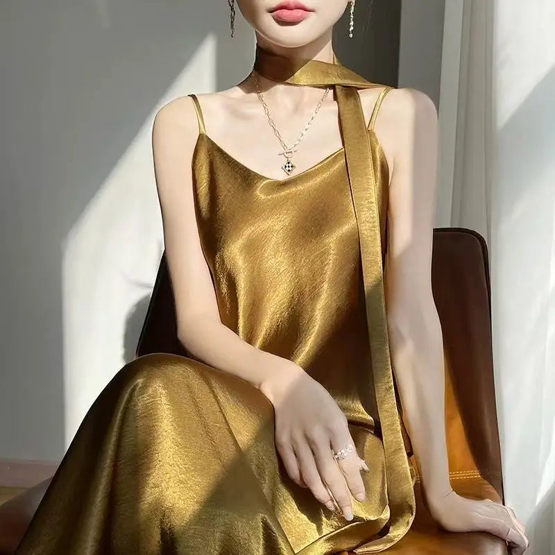 French Elegant Satin Camis Dress Women Summer Loose with Ribbon Midi Dress Female Fashion Aesthetic Party Evening Slip Dress