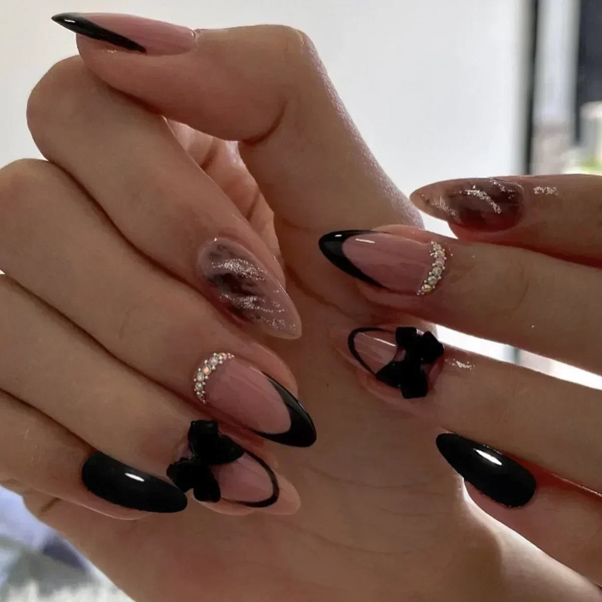 French Almond Press-On Nails – Leopard Print & 3D Bow Designs, 24 Pieces