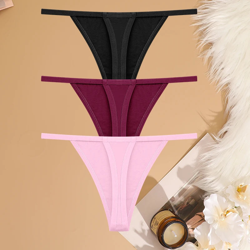 FINETOO 3PCS/Set Sexy Women Cotton G-String Underwear Low Waist Panties Girl T-back Panty Soft Thin Strap Femme Thong Lingerie