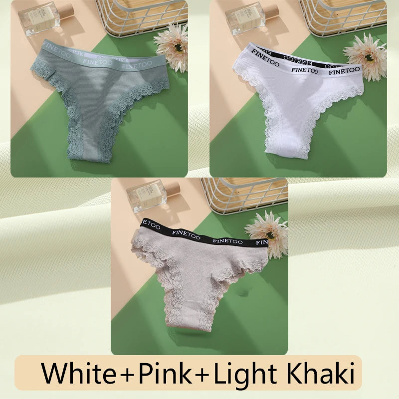 3-Pack Cotton Lace-Trim Brazilian Thongs — Logo Waistband Low-Rise G-String M–2XL