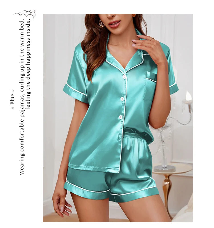 Satin Pajamas Set — Short Sleeve Button Top & Shorts | Women's Summer Sleepwear