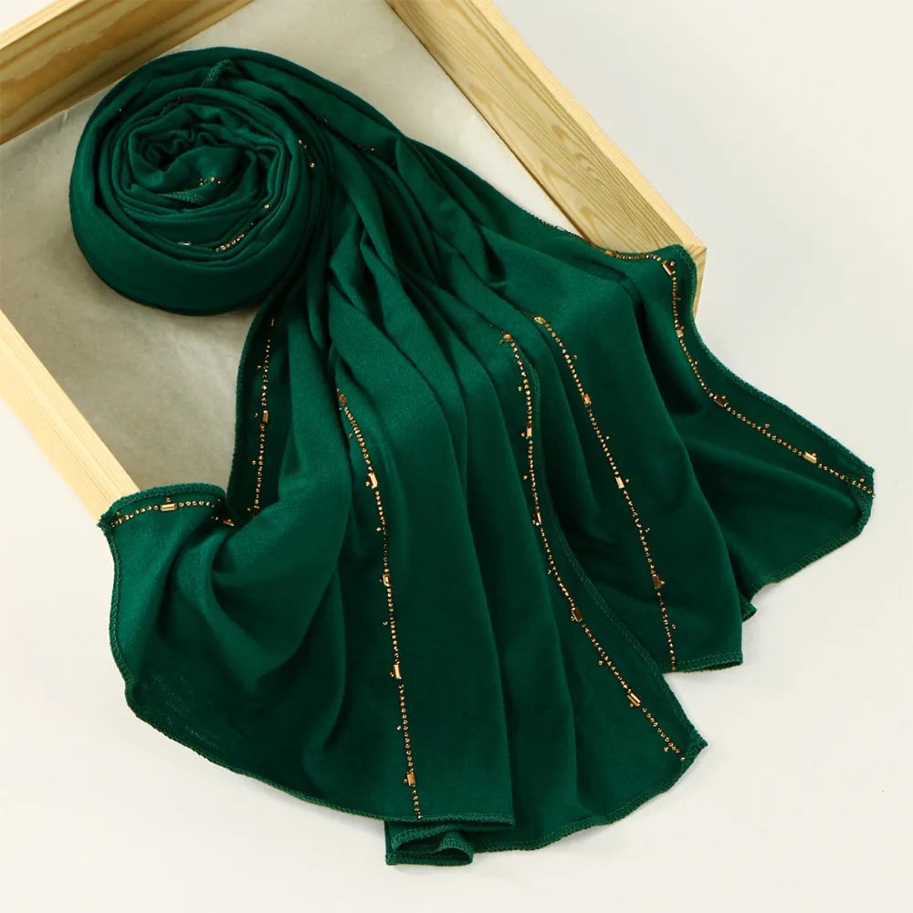 New Breathable Rhinestone Hijab Scarf Soft Glitter Shimmer Edge Headband Turban Solid Color Headscarf For Women